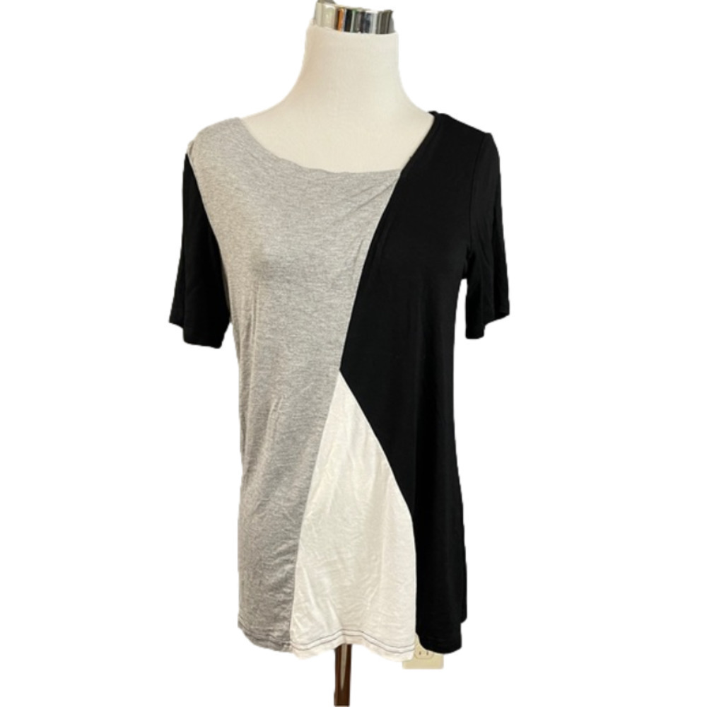 Satin Mathews tri monochrome color block shirt sleeve blouse size Small